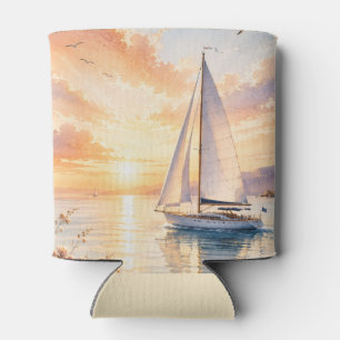 Luxury Sailboat at Sunrise Watercolor Can Cooler