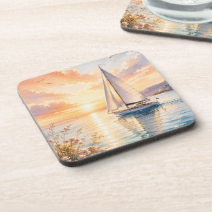 Luxury Sailboat at Sunrise Watercolor Coaster