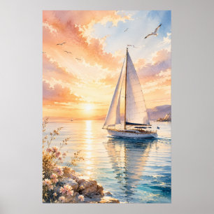 Luxury Sailboat at Sunrise Watercolor Poster