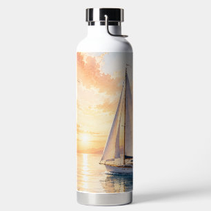 Luxury Sailboat at Sunrise Watercolor Water Bottle