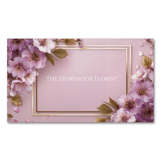 Luxury Sakura & Gold Leaf Pink Purple Magnetic Business Card (Front)