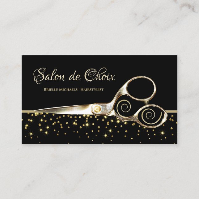 Luxury Salon Gold Sparkles Hair Stylist Scissors Business Card (Front)
