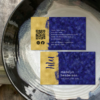 Luxury Sapphire Gold Brush QR Code Social Media Business Card