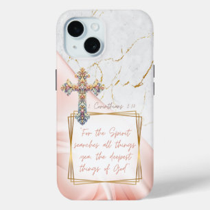 Luxury Scripture Pink Satin Gold Marble Cross iPhone 15 Case