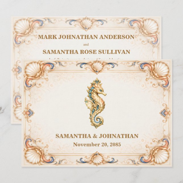 Luxury seahorse vintage beach wedding invitation (Front/Back)