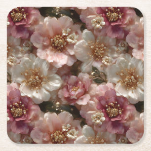 Luxury Seamless Floral Pattern with Gold Pearls Square Paper Coaster