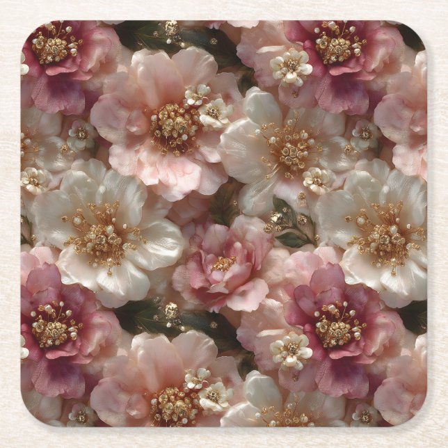 Luxury Seamless Floral Pattern with Gold Pearls  Square Paper Coaster (Front)