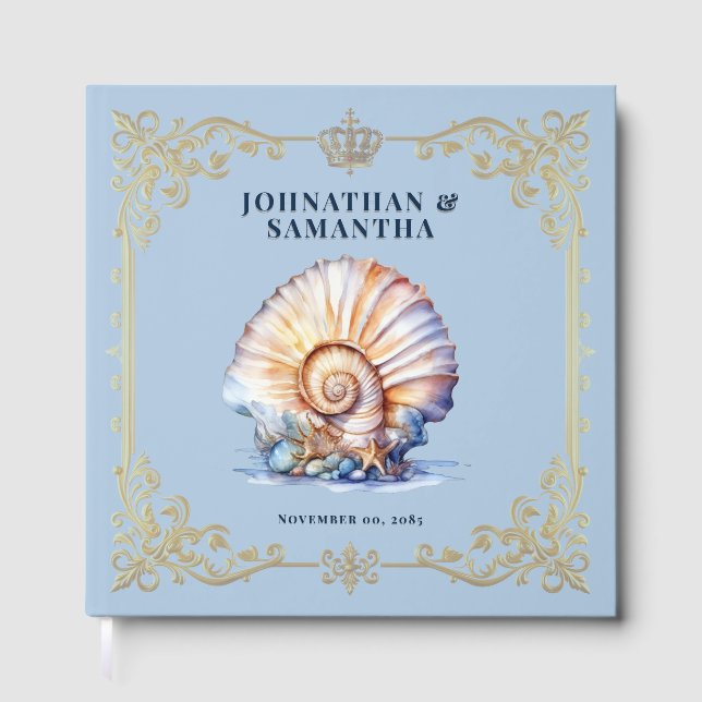 Luxury seashell blue gold beach wedding guest book (Front)