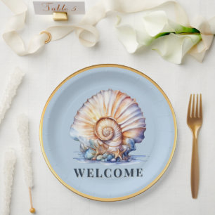 Luxury seashell theme blue gold beach picnic  paper plate