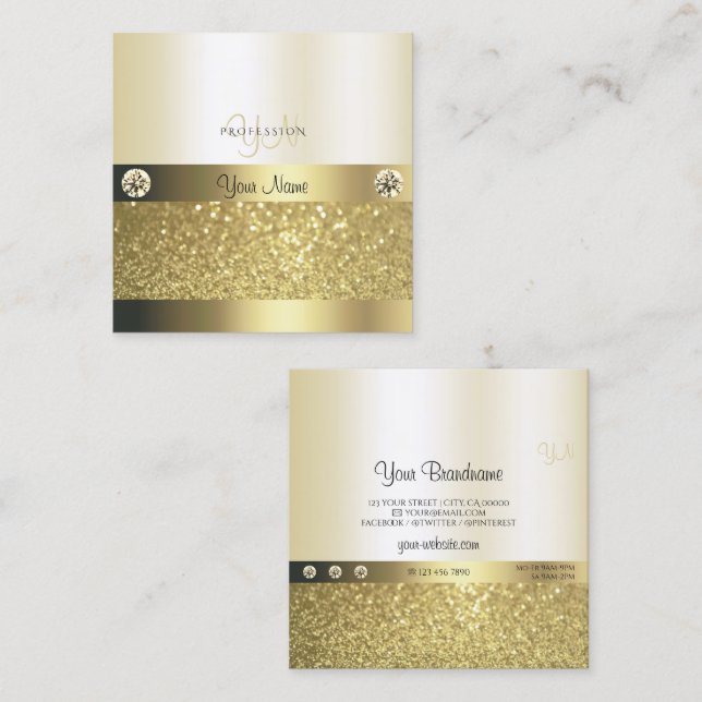 Luxury Shimmery Gold Luminous Glitter and Monogram Square Business Card (Front/Back)
