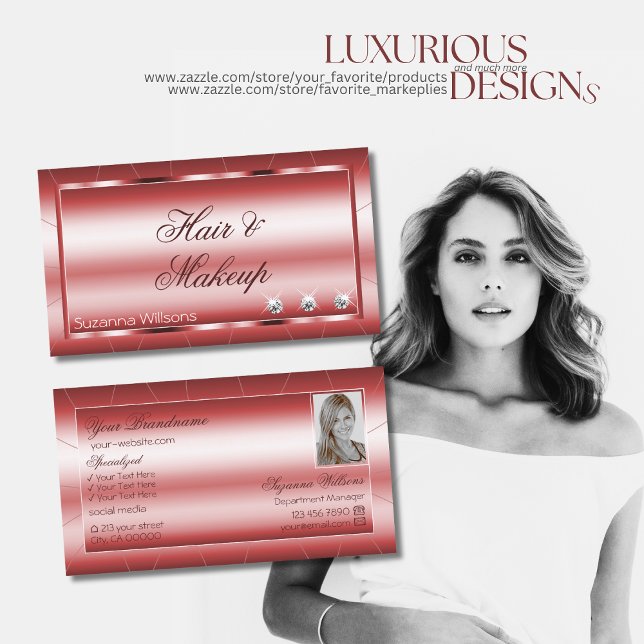 Luxury Shimmery Red Modern with Diamonds and Photo Business Card (Creator Uploaded)