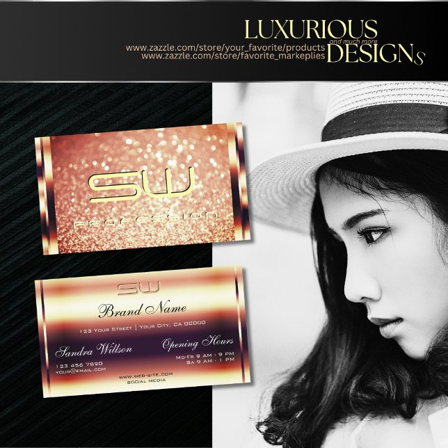 Luxury Shimmery Rose Gold Sparkle Glitter Monogram Business Card (Creator Uploaded)