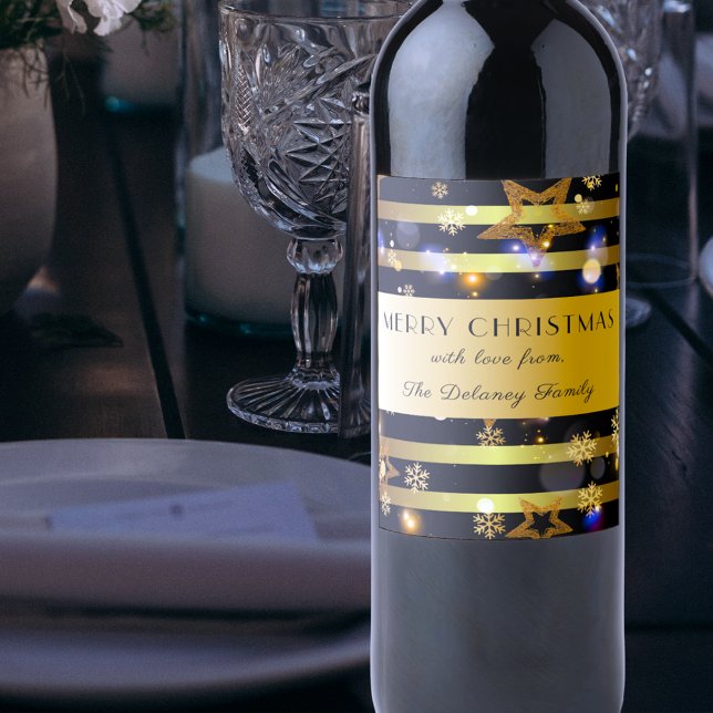 Luxury Shiny Glowing Gold Snowflakes And Stars Wine Label (Creator Uploaded)