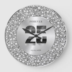 Luxury Silver 25th Anniversary Black & Gray Glitte Large Clock
