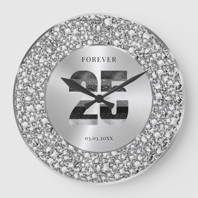 Luxury Silver 25th Anniversary Black & Grey Glitte Large Clock (Front)