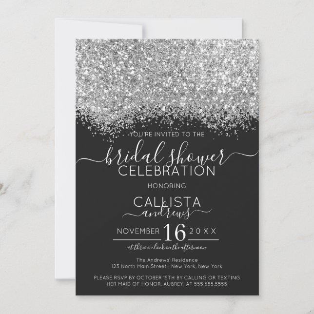Luxury Silver Black Glitter Confetti Bridal Shower Invitation (Front)