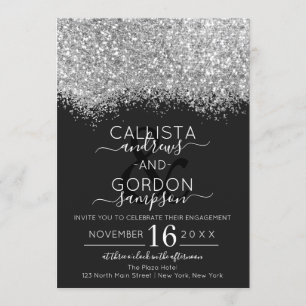 Luxury Silver Black Glitter Confetti Engagement Invitation