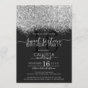 Luxury Silver Black Glitter Confetti Sweet 16 Invitation