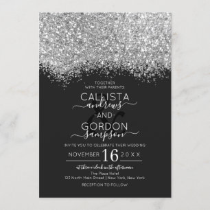 Luxury Silver Black Glitter Confetti Wedding Invitation