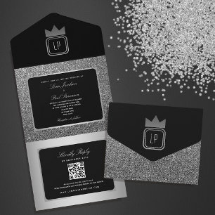 Luxury Silver Black Glitter Monogram Wedding All In One Invitation