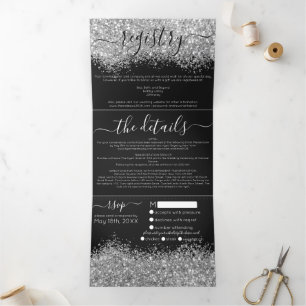 Luxury Silver Black Glitter Registry Detail RSVP Tri-Fold Invitation