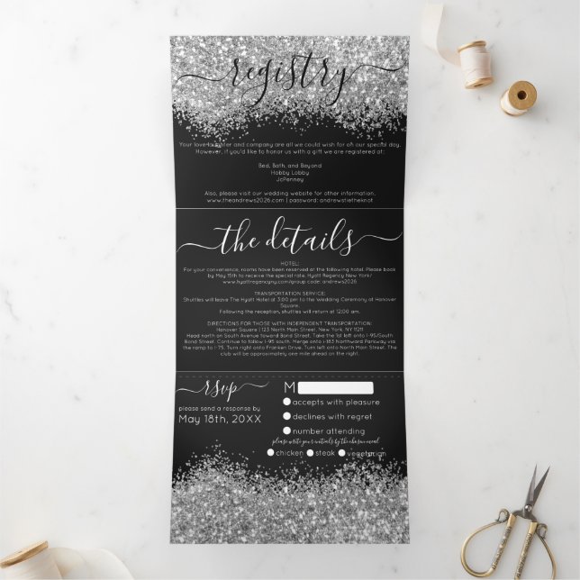 Luxury Silver Black Glitter Registry Detail RSVP Tri-Fold Invitation (Inside)