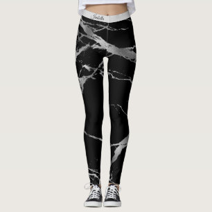 Luxury Silver Black Marble Add Text Leggings