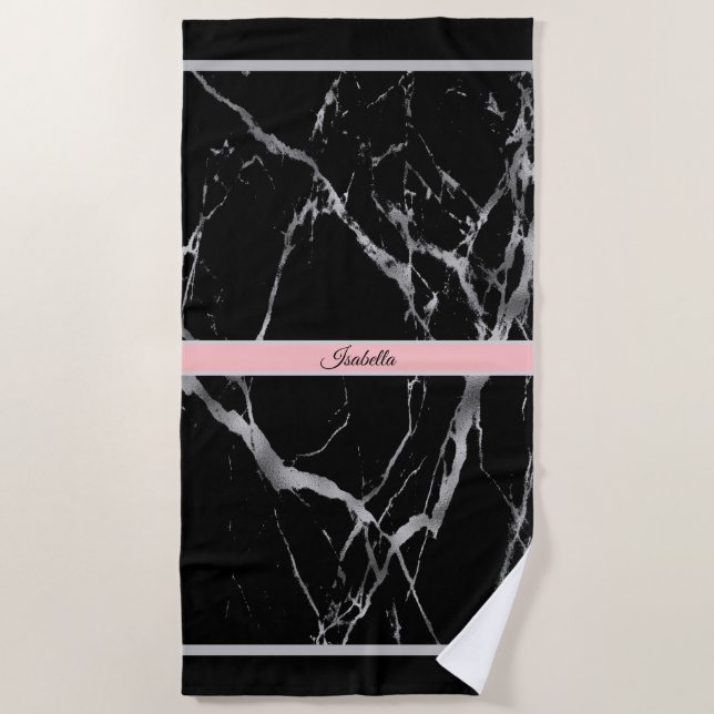 Luxury Silver Black Marble Customise Beach Towel (Front)