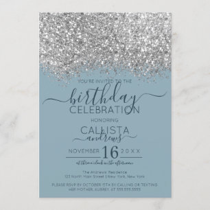 Luxury Silver Blue Glitter Confetti Birthday Invitation
