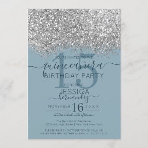 Luxury Silver Blue Glitter Confetti Quinceañera Invitation