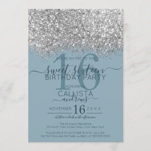Luxury Silver Blue Glitter Confetti Sweet 16 Invitation