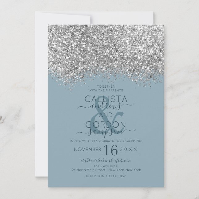 Luxury Silver Blue Glitter Confetti Wedding Invitation (Front)