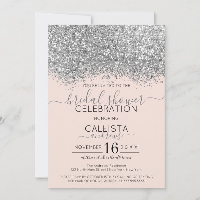 Luxury Silver Blush Glitter Confetti Bridal Shower Invitation (Front)