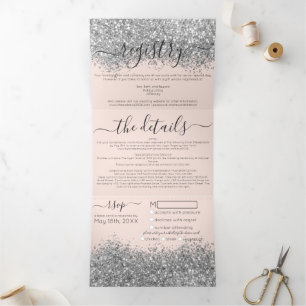 Luxury Silver Blush Glitter Registry Detail RSVP Tri-Fold Invitation