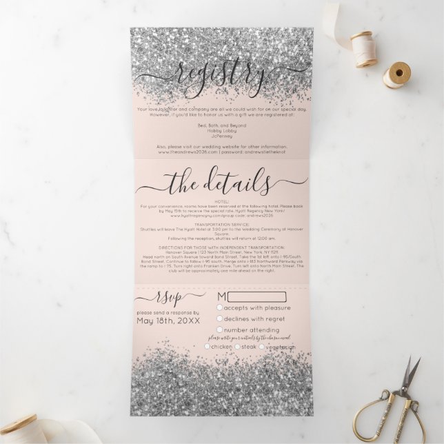 Luxury Silver Blush  Glitter Registry Detail RSVP Tri-Fold Invitation (Inside)