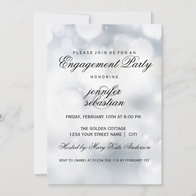 Luxury Silver Bokeh Light Chic Engagement Party Invitation (Front)