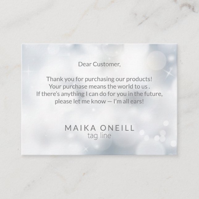 Luxury Silver Bokeh thank you for your purchase Business Card (Front)