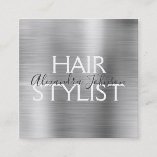 Luxury Silver Brushed Metal Hair Stylist Square Business Card
