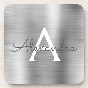 Luxury Silver Brushed Metal Monogram Name Initial Coaster
