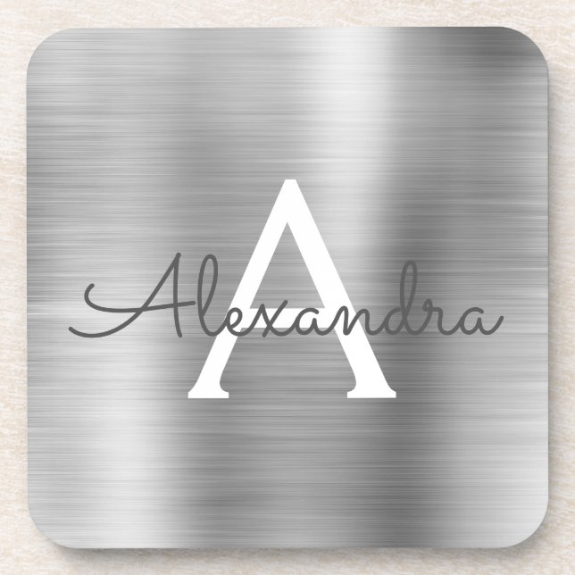 Luxury Silver Brushed Metal Monogram Name Initial Coaster (Front)