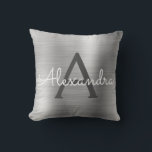 Luxury Silver Brushed Metal Monogram Name Initial Cushion<br><div class="desc">Luxury Silver Foil Brushed Metal Monogram Name and Initial Pillow. The pillow makes the perfect gift for someone decorating her room in silver.</div>