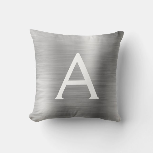 Luxury Silver Brushed Metal Monogram Name Initial Cushion (Front)