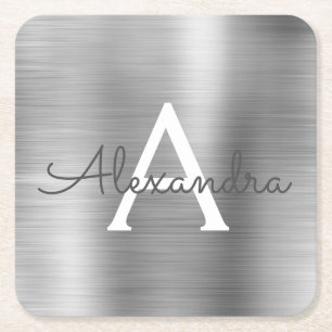 Luxury Silver Brushed Metal Monogram Name Initial Square Paper Coaster