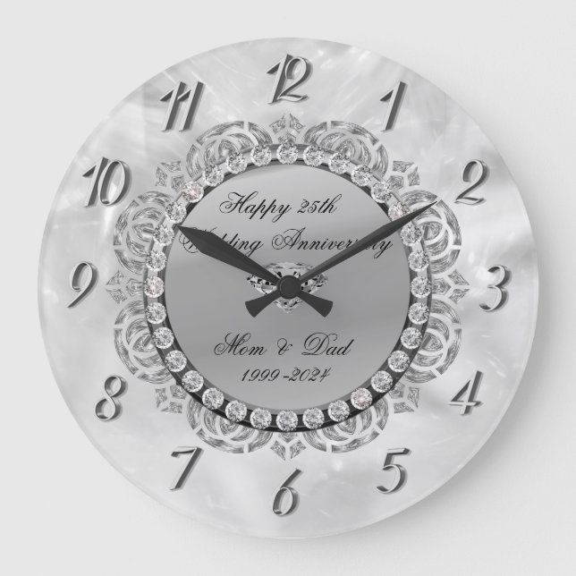 Luxury Silver Diamonds 25th Wedding Large Clock (Front)
