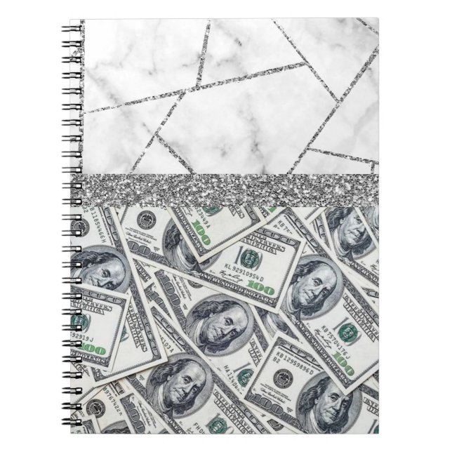 Luxury Silver Dollars Interior Marble Glitter Notebook (Front)
