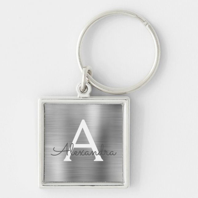 Luxury Silver Faux Stainless Steel Monogram Key Ring (Front)