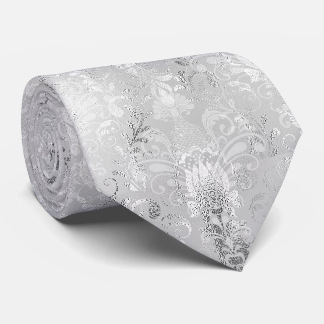 Luxury Silver Foil Damask Pattern Tie (Rolled)