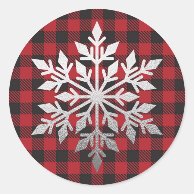 Luxury Silver Foil Snowflake Red Buffalo Plaid Classic Round Sticker (Front)