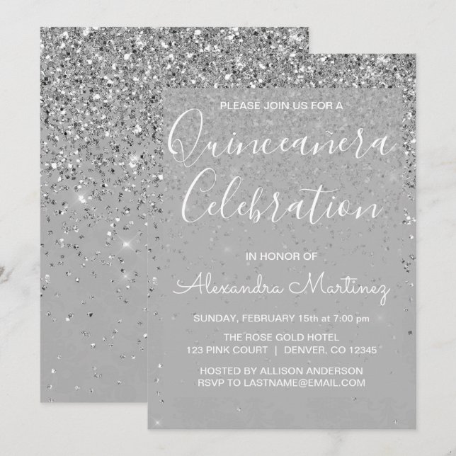 Luxury Silver Girly Glitter Sparkle Quinceanera Invitation (Front/Back)