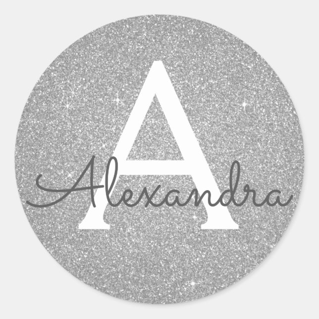 Luxury Silver Glitter and Sparkle Monogram Classic Round Sticker (Front)